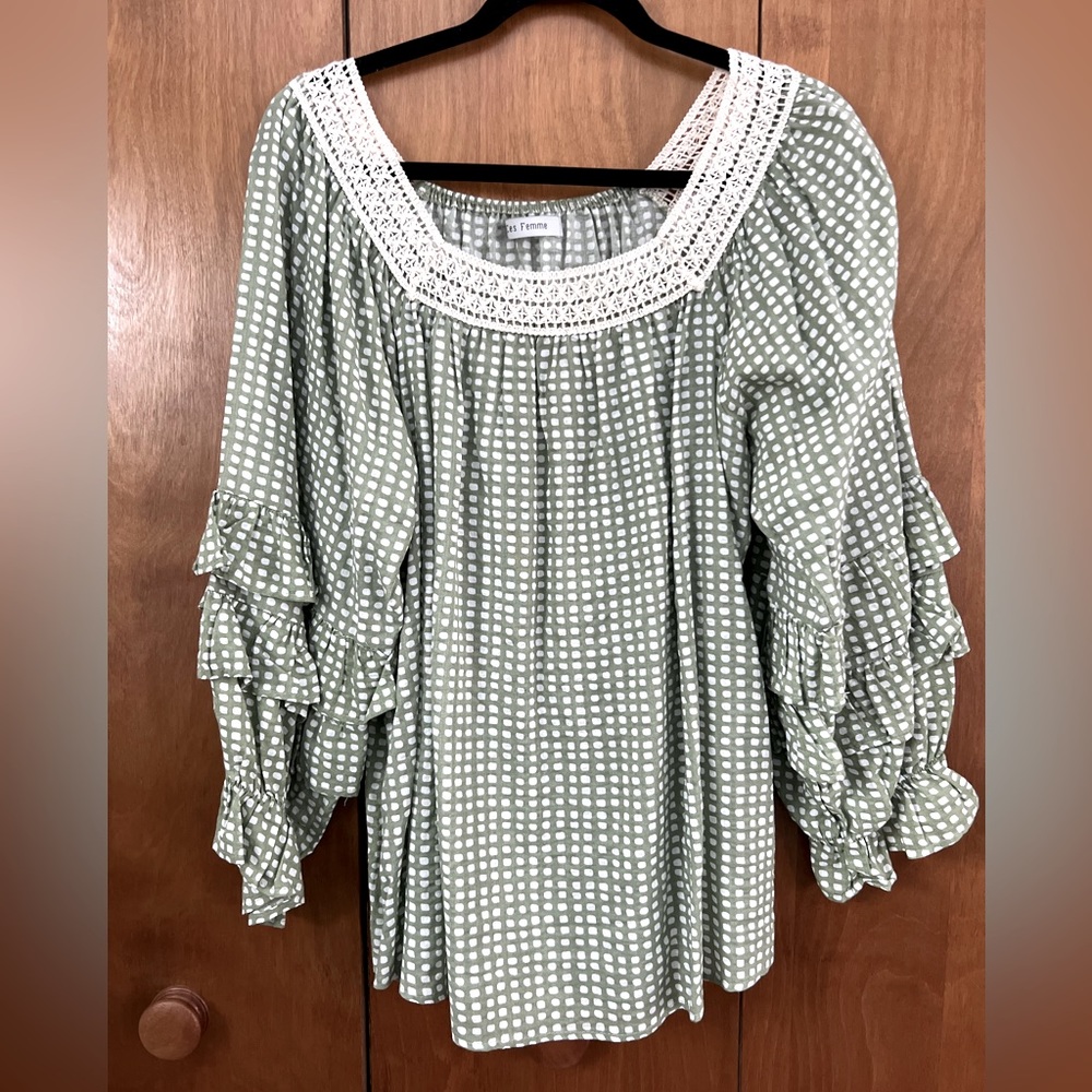Ces Femme Green & White Checkered Top Lace Square Neck Ruffle Sleeves Medium EUC